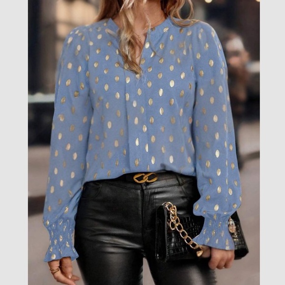 Luxe gold polka dots notched neck long sleeve blouse - Picture 4 of 8